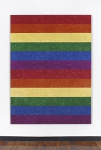 Jonathan Horowitz: Double Rainbow Flag for Jasper in the Style of the Artist's Boyfriend, 2013. Glitter and enamel on canvas.